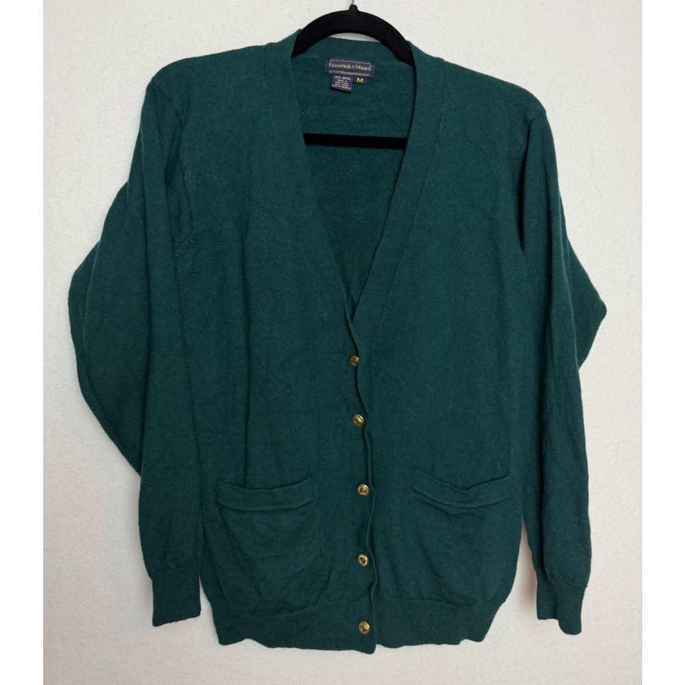 Preswick & Moore Vintage Green Cardigan Gold Buttons Size Medium Wool Sweater
